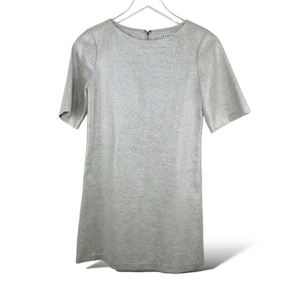 Alice+Olivia Short Sleeve Mini Cotton/Linen Sheath Dress Silver/Gold‎ Size 2 - Picture 1 of 11